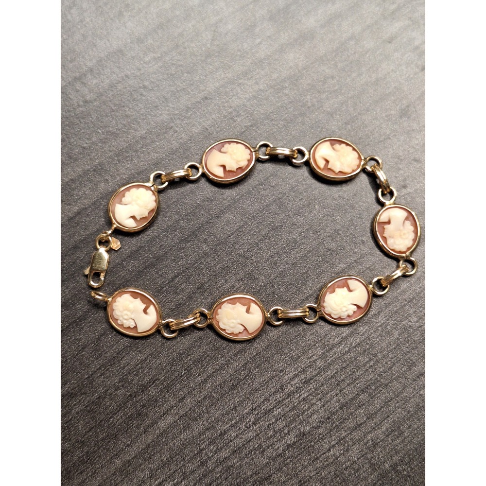 Vintage 14k Yellow Gold Shell Cameo Link Bracelet 7.25 Inch Hand Carved
